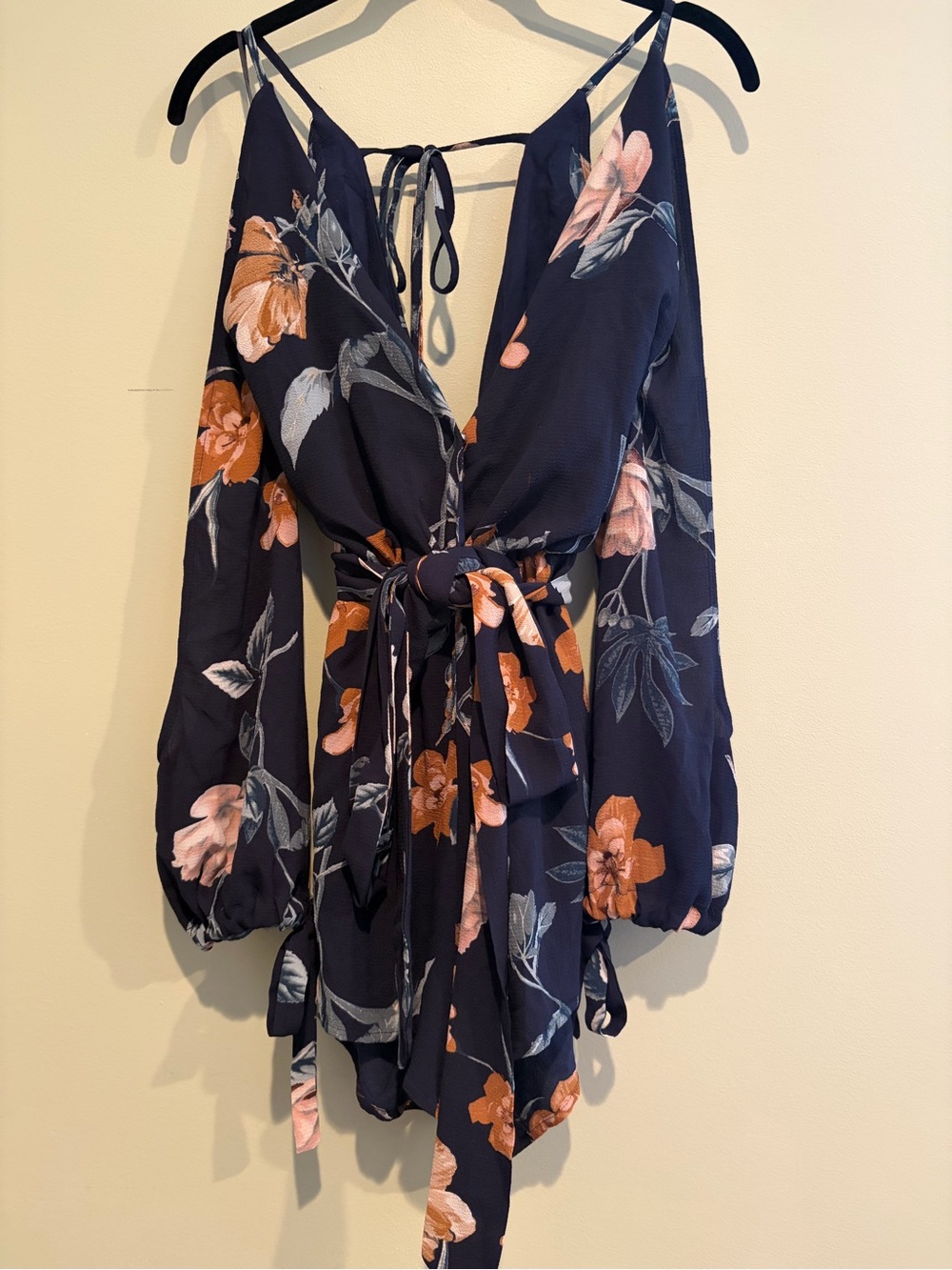 Showpo Navy Floral Cold-Shoulder Long Sleeve Tie-Waist Romper